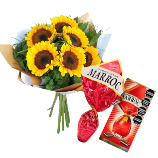 Ramo de 6 girasoles con papel coreano y huevo de pascua marroc